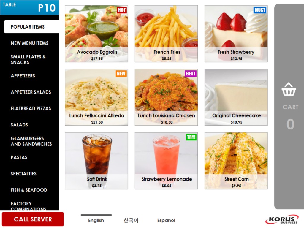 Popular items menu page